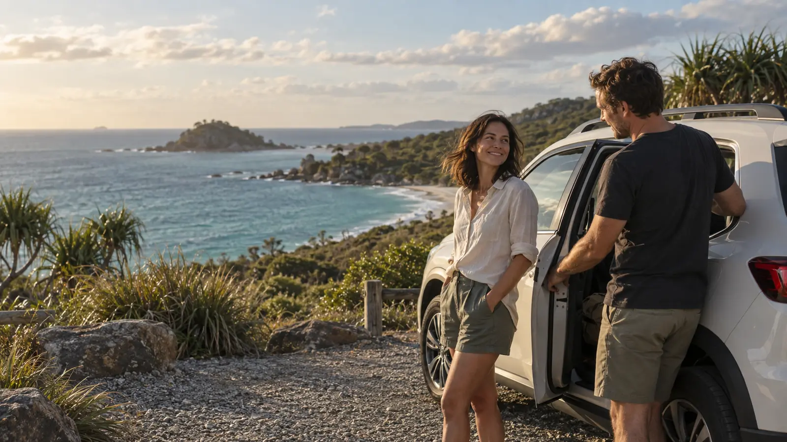 A couple beside their white SUV at a coastal lookout at sunset