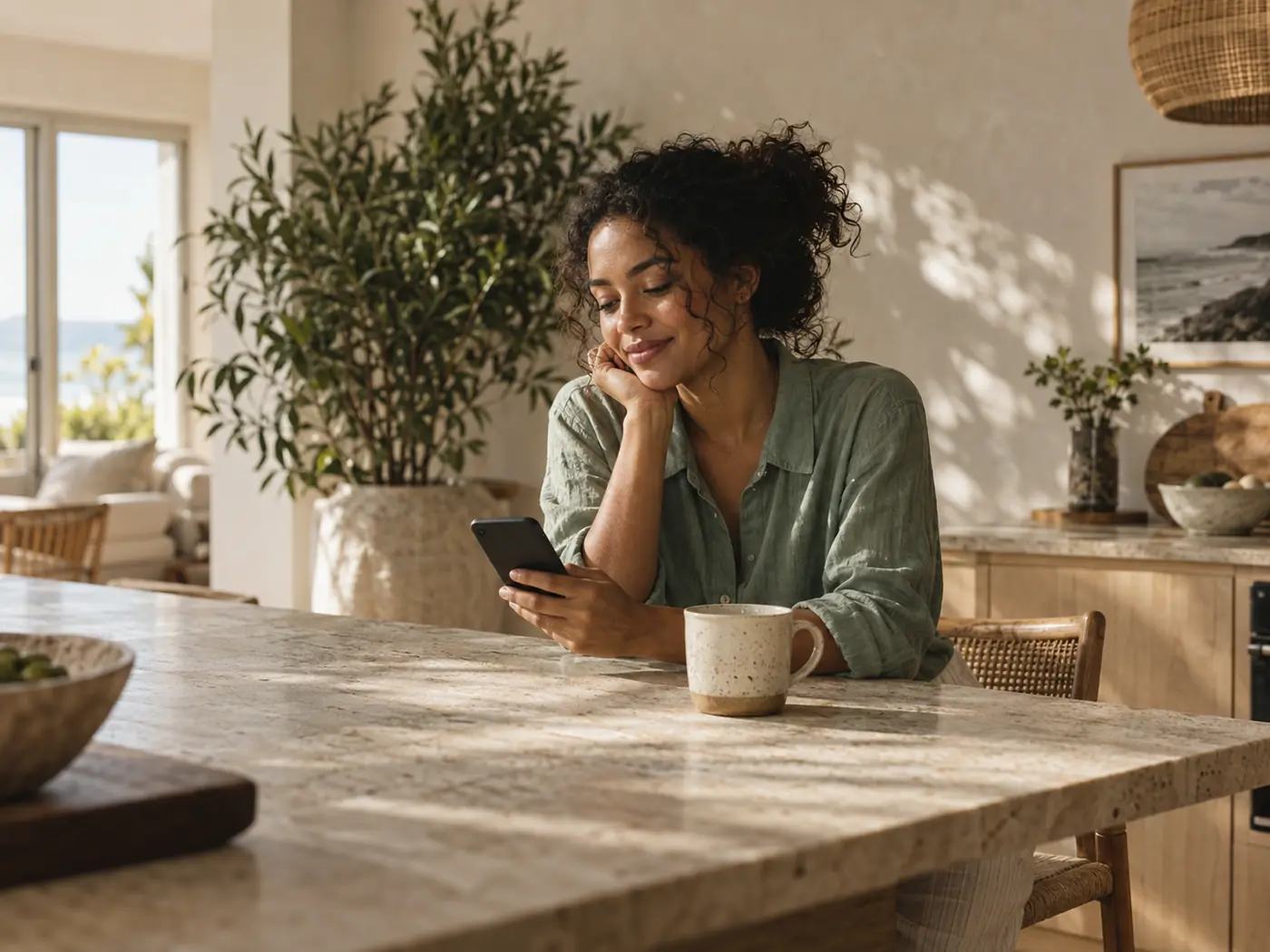 A woman at her kitchen bench, smiling at her phone